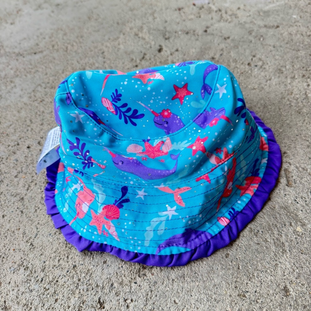 UV Skinz Reversible Narwahl Beach Theme Girls Small Bucket Hat w Glitter &Ruffle